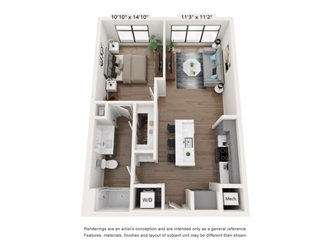 a 1 bedroom floor plan with a bathroom and a living room